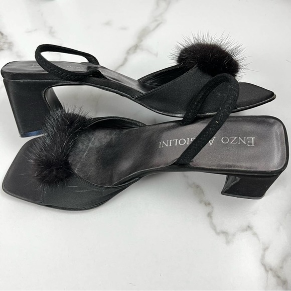 Vintage Enzo Angiolini Fuzzy Pom Pom Black Chunky Slingback Heels Size 8 - Picture 1 of 9